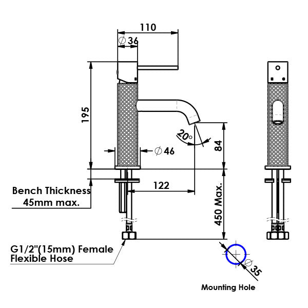 Greens Textura Basin Mixer Technical Drawing - The Blue Space