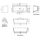 Kaskade Fogo Freestanding Bath Matte White Technical Drawing 1600mm- The Blue Space