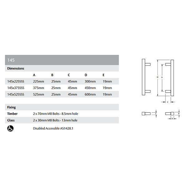 Lockwood Entrance Pull Handle 145 Satin Stainless Steel Technical Drawing - The Blue Space