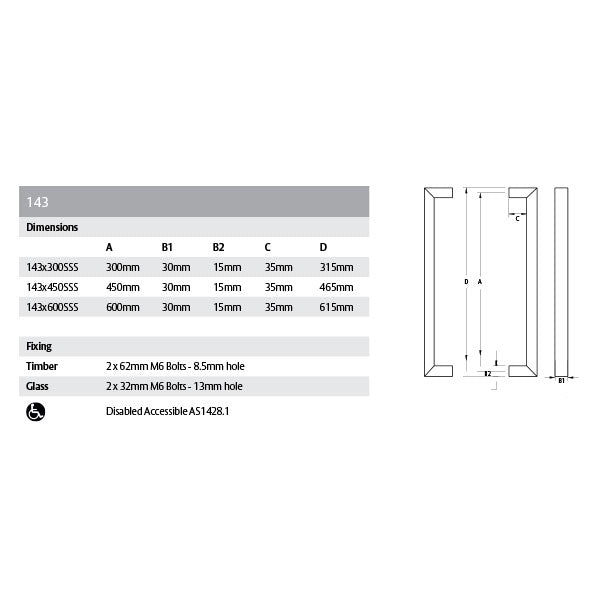 Lockwood Entrance Pull Handle 143 Technical Drawing - The Blue Space