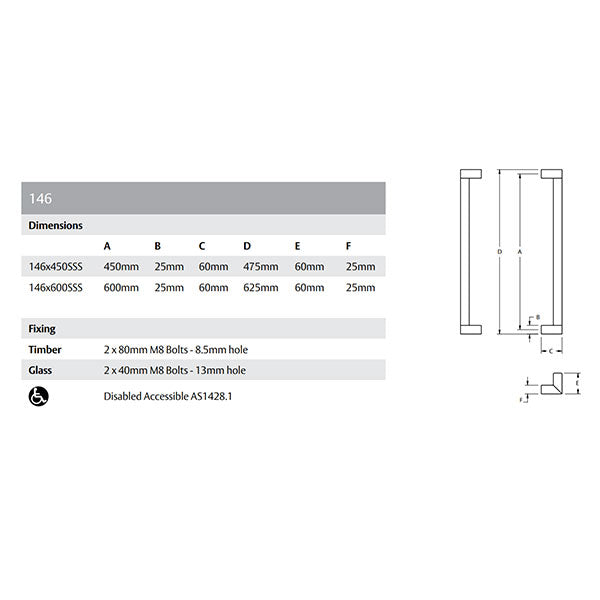 Lockwood Entrance Pull Handle 146 Technical Drawing Stainless Steel - The Blue Space