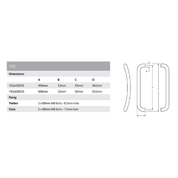 Lockwood Entrance Pull Handle 192 Satin Stainless Steel Technical Drawing - The Blue Space