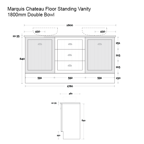 Marquis Chateau Floor Standing Vanity 1800mm Double Bowl Technical Drawing - The Blue Space