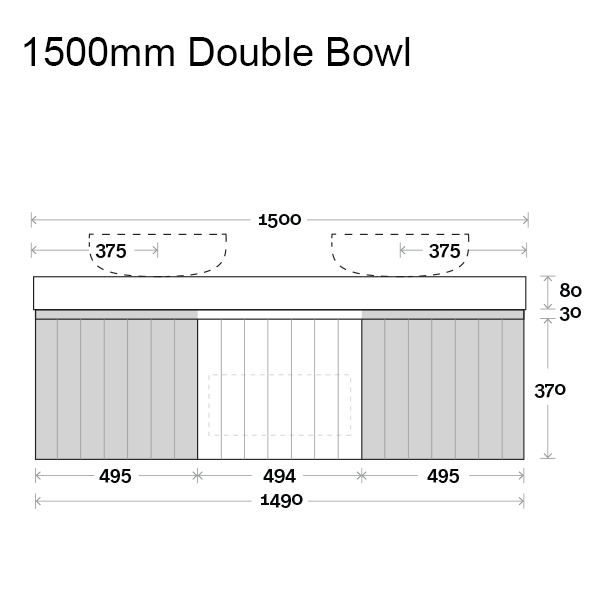 Marquis Chelsea Wall Hung Vanity 1500mm Double Bowl Technical Drawing - The Blue Space