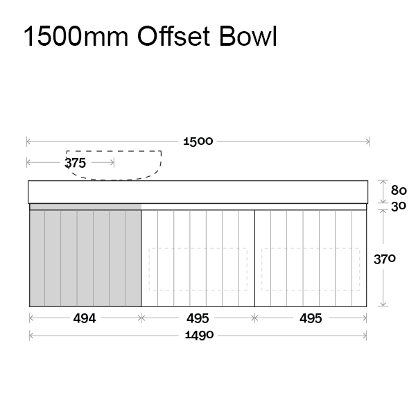Marquis Chelsea Wall Hung Vanity 1500mm Offset Bowl Technical Drawing - The Blue Space