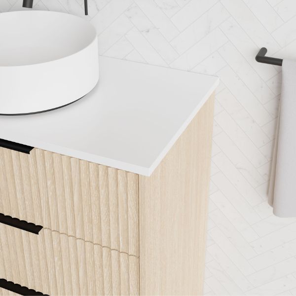 Marquis Lake Floor Standing Vanity 900mm with Symphony Blanco top with matte white basin, and matte black top-pull handle in modern bathroom design - The Blue Space