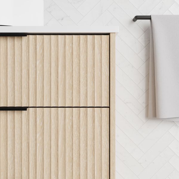 Marquis Lake Floor Standing Vanity 900mm with Symphony Blanco top with matte black top-pull handle and towel handle in detailed view - The Blue Space