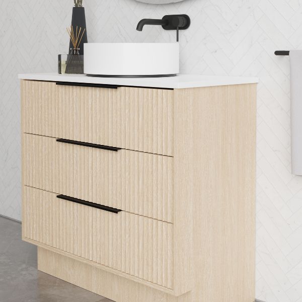 Marquis Lake Floor Standing Vanity 900mm with Symphony Blanco top with matte white basin, and matte black top-pull handle, features matte black basin mixers in modern bathroom design - The Blue Space