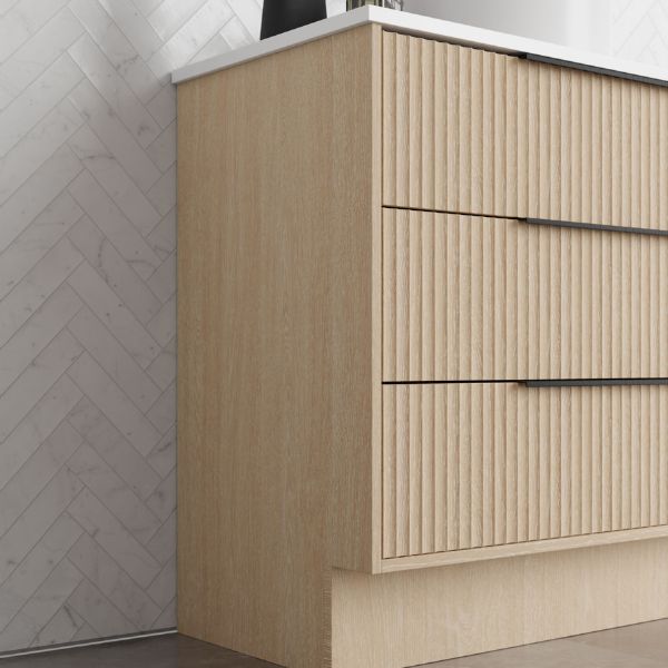 Marquis Lake Floor Standing Vanity 900mm with Symphony Blanco top with matte black top-pull handle in side view detail - The Blue Space