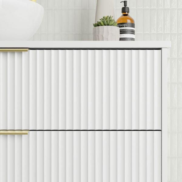 Marquis Lake Wall Hung Vanity 1200mm in Symphony Blanco top, White finish, brushed brass top-pulled handle in front detail - The Blue Space