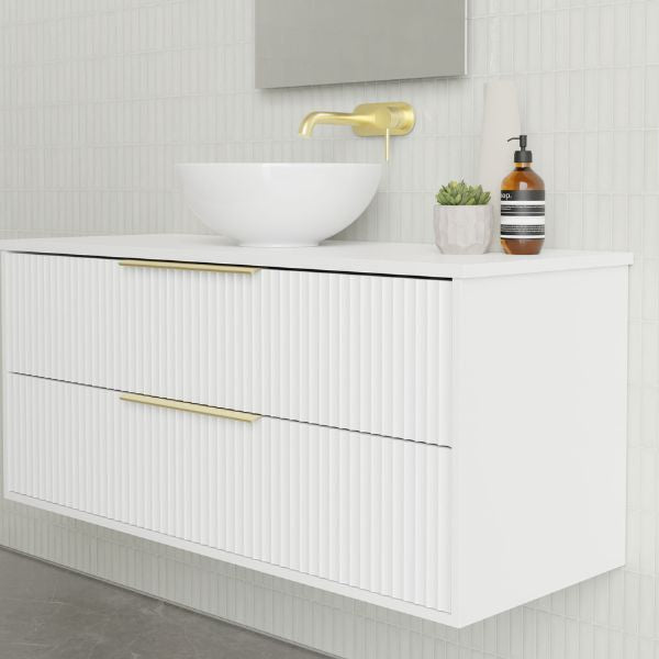 Marquis Lake Wall Hung Vanity 1200mm in Symphony Blanco top, White finish, gloss white basin, brushed brass basin mixer and top-pulled handle in modern bathroom design - The Blue Space