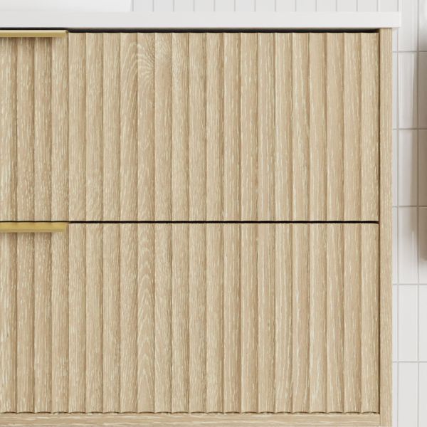 Marquis Lake Wall Hung Vanity 1200mm centre basin in prime oak finish, Symphony Blanco top, glass white basin, brushed brass towel handle and basin mixer features arch mirror in modern bathroom design - The Blue Space