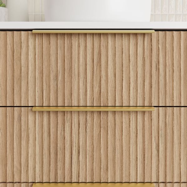 Marquis Lake Floor Standing Vanity 1500mm in Prime oak finish and Symphony Blanco top, Brushed brass top-pulled handle in front view detail - The Blue Space