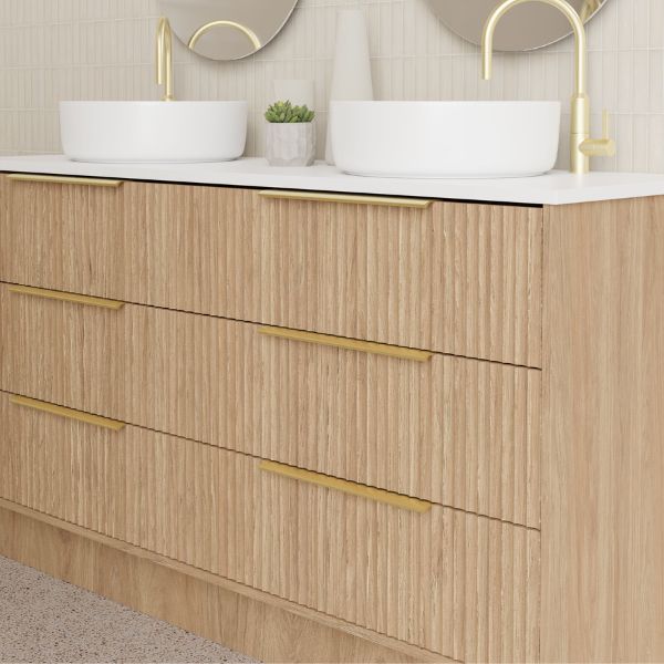 Marquis Lake Floor Standing Vanity 1500mm in Prime oak finish and Symphony Blanco top, Paco matte white basin , Brushed brass basin mixer and top-pulled handle in modern bathroom design - The Blue Space