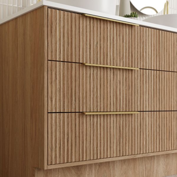 Marquis Lake Floor Standing Vanity 1500mm in Prime oak finish and Symphony Blanco top, Brushed brass top-pulled handle in side view detail - The Blue Space