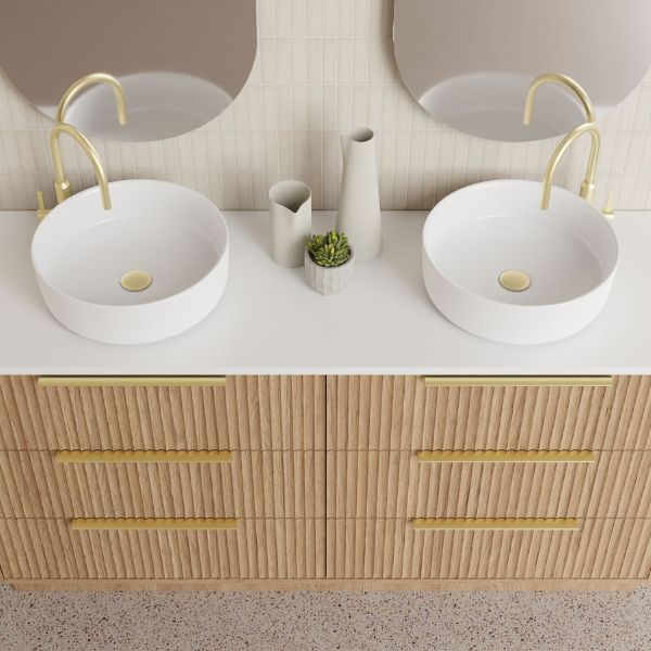 Marquis Lake Floor Standing Vanity 1500mm in Prime oak finish and Symphony Blanco top, Paco matte white basin , Brushed brass basin mixer and top-pulled handle features brushed brass waste in modern bathroom design - The Blue Space