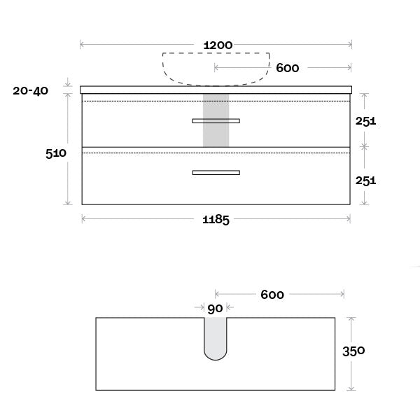 Marquis Marq Wall Hung All-Drawer Vanity 1200mm Technical Drawing - The Blue Space