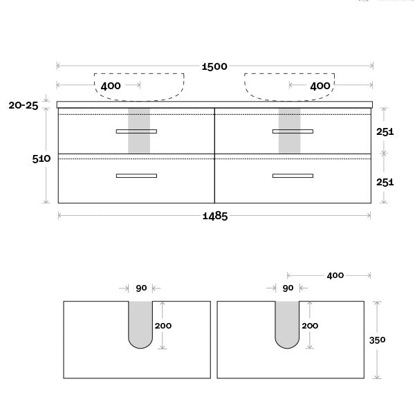 Marquis Marq Wall Hung All-Drawer Vanity 1500mm Double Bowl Technical Drawing - The Blue Space