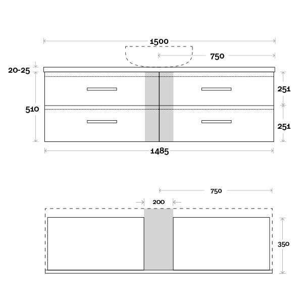 Marquis Marq Wall Hung All-Drawer Vanity 1500mm Single Bowl Technical Drawing - The Blue Space