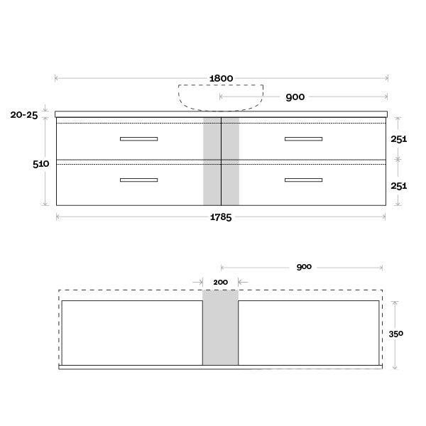 Marquis Marq Wall Hung All-Drawer Vanity 1800mm Single Bowl Technical Drawing - The Blue Space