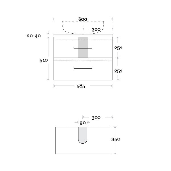 Marquis Marq Wall Hung All-Drawer Vanity 600mm Technical Drawing - The Blue Space