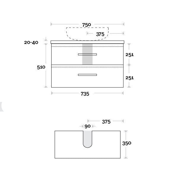 Marquis Marq Wall Hung All-Drawer Vanity 750mm Technical Drawing - The Blue Space