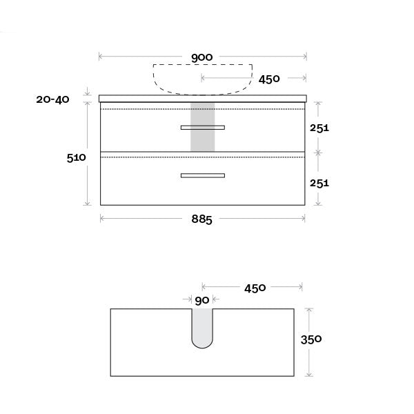 Marquis Marq Wall Hung All-Drawer Vanity 900mm Technical Drawing - The Blue Space