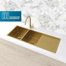 Meir Kitchen Sink Double Bowl 1160x440 Brushed Bronze Gold features Brushed Gold Sink mixer | The Blue Space
