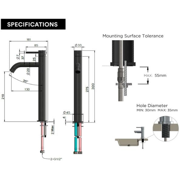 Technical Specifications: Meir Piccola Tall Basin Mixer MB03XL.01