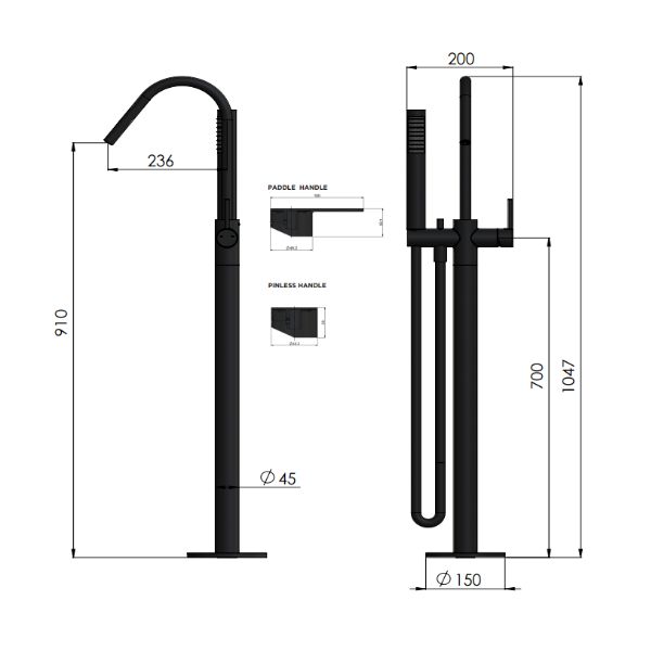 Technical Drawing; Meir Pinless Round Freestanding Bath Spout and Hand Shower