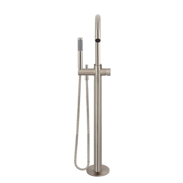 Meir Pinless Round Freestanding Bath Spout and Hand Shower Champagne in Front view - The Blue Space
