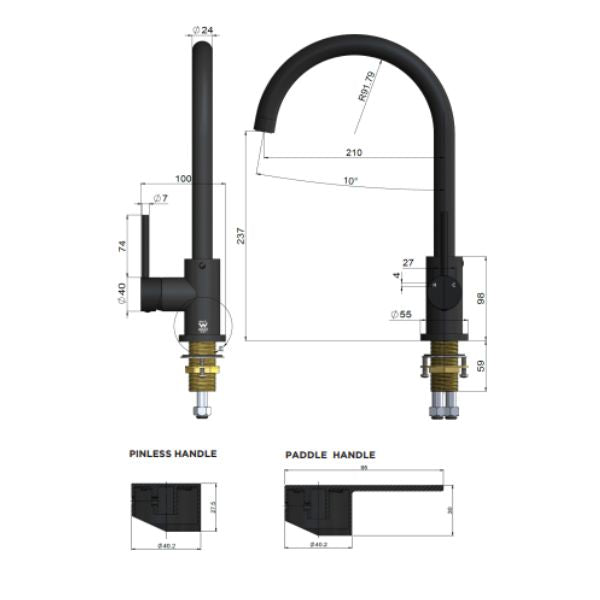Technical Drawing: Meir Pinless Round Kitchen Sink Mixer Tap