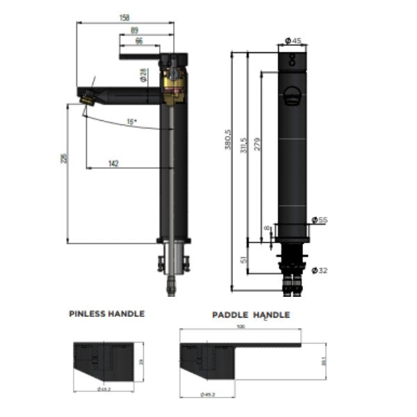 Technical Drawing: Meir Pinless Round Tall Basin Mixer