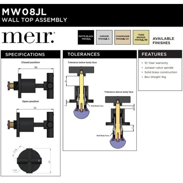 Technical Drawing: Meir Round Cross Handle Jumper Valve Wall Top Assemblies MW08Jl