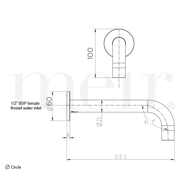 Meir Round Curved Basin Wall Spout Technical Drawing - The Blue Space