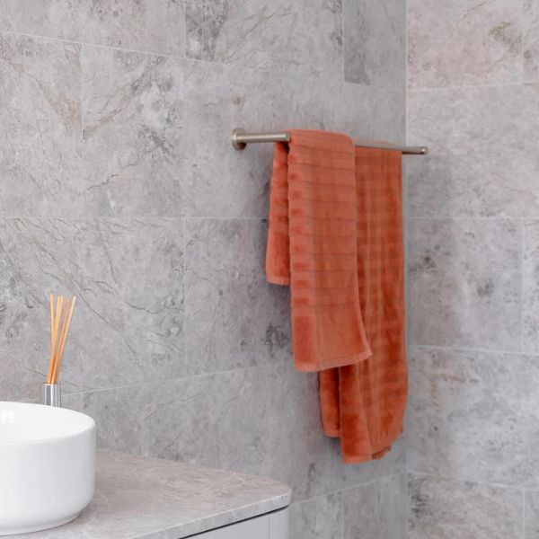 Meir Round Double Towel Rail 900mm PVD Brushed Nickel in modern bathroom design - The Blue Space