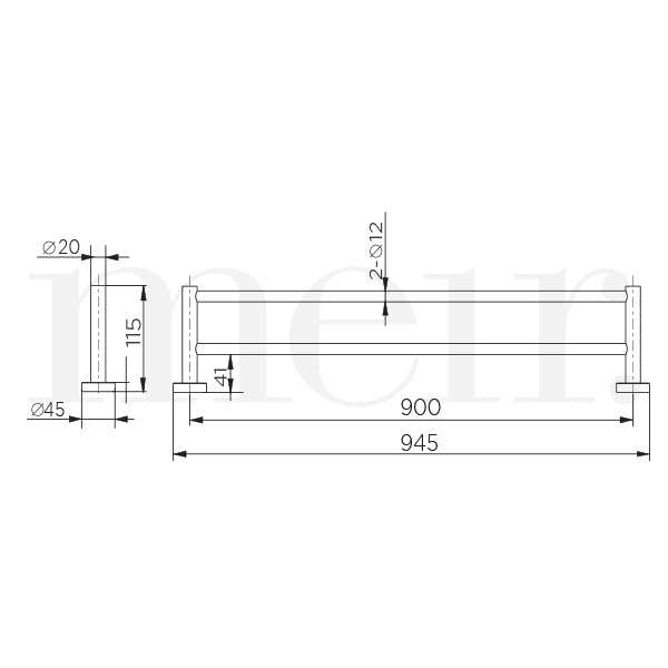 Meir Round Double Matte Black Towel Rail 900mm Technical Drawing - The Blue Space