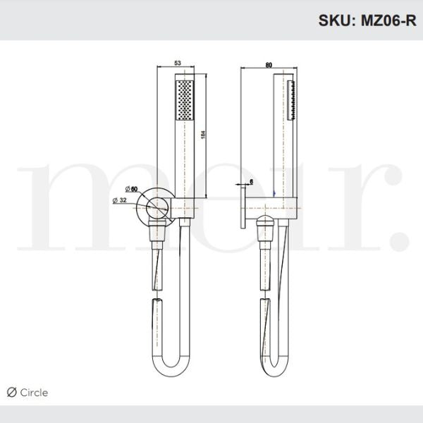 Technical Drawing: Meir Round Shower on Bracket