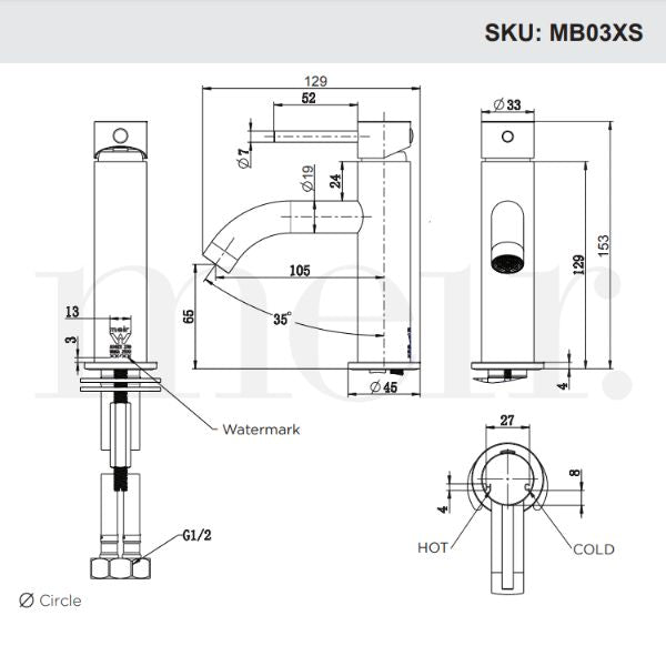Meir Round Piccola Curved Basin Mixer Technical Drawing - The Blue Space
