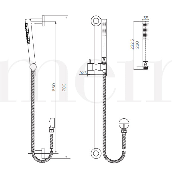 Meir Round Shower on Rail Technical Drawing | The Blue Space