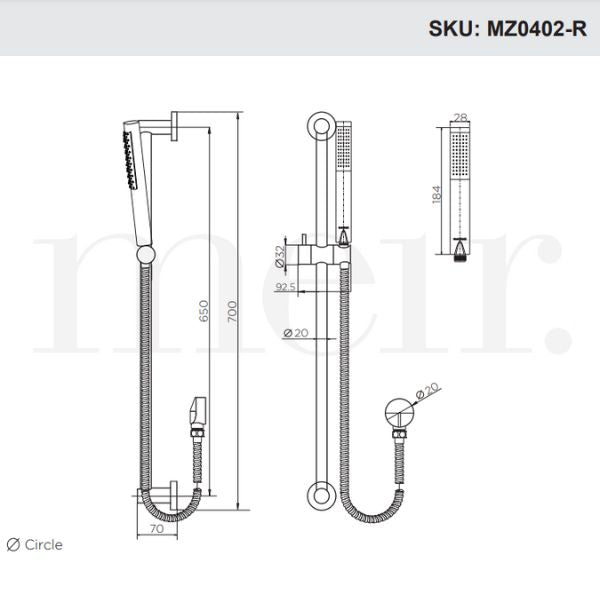 Meir Round Shower on Rail Column Technical Drawing - The Blue Space