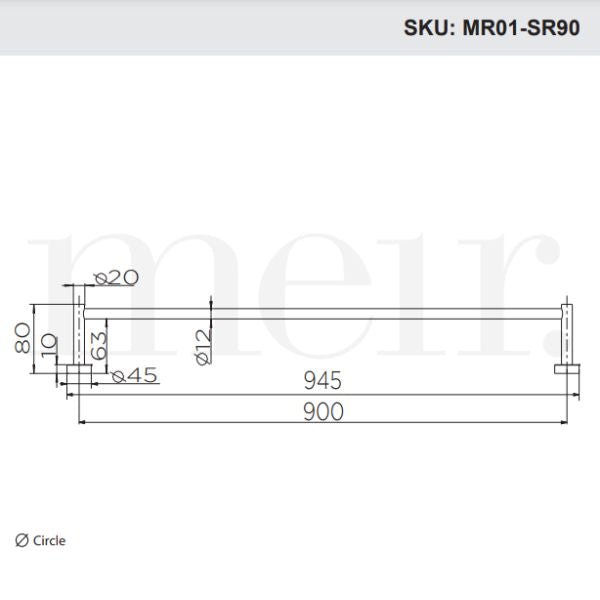 Meir Round Single Towel Rail 900mm Technical Drawing - The Blue Space
