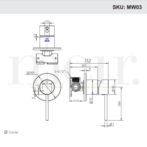Meir Round Wall Mixer Technical Drawing - The Blue Space