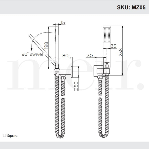 Technical Drawing: Meir Square Hand Shower on Bracket