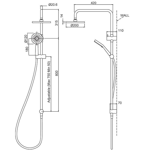 Methven Krome 100 3 Function Twin Shower System The Blue Space - Technical Drawing