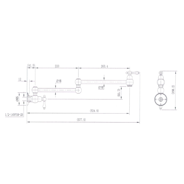 Modern National Bordeaux Cold Water Kitchen Pot Filler Technical Drawing - The Blue Space