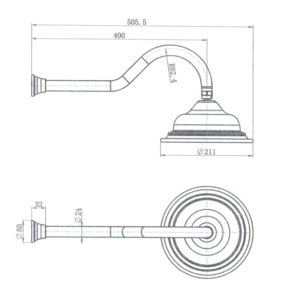 Modern National Bordeaux Shower Arm & Rose Technical Drawing - The Blue Space