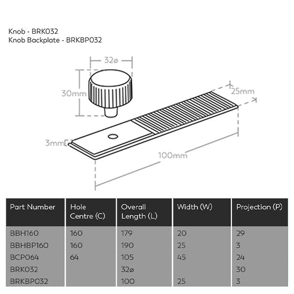Momo Handles Barrington Backplate to Suit Knob Technical Drawing - The Blue Space