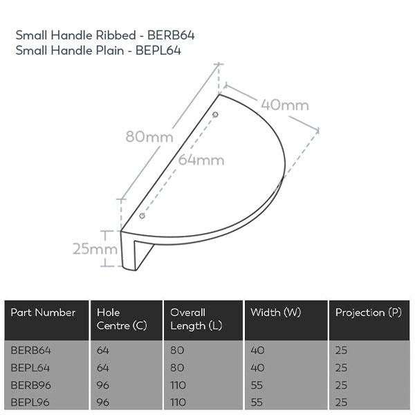 Momo Handles Barrington Eclipse Dull Brushed Nickel Small Ribbed Technical Drawing - The Blue Space