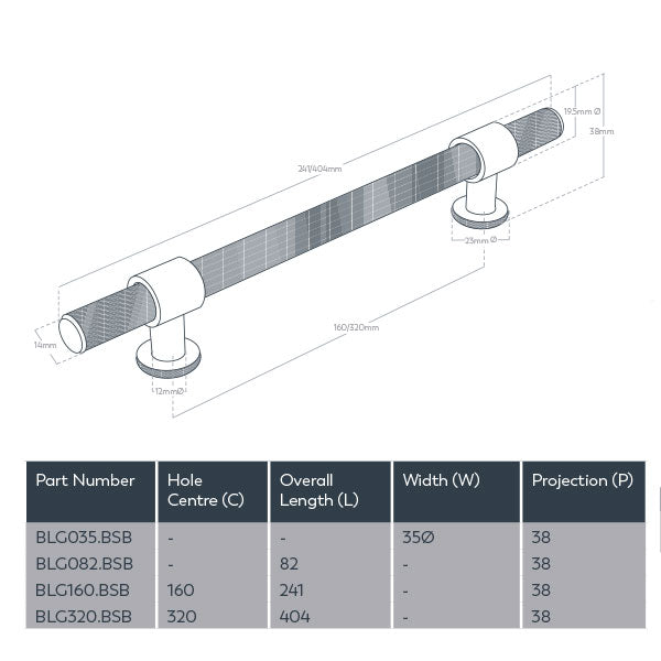 Momo Handles Belgravia Bar Pull Brushed Satin Brass Technical Drawing - The Blue Space